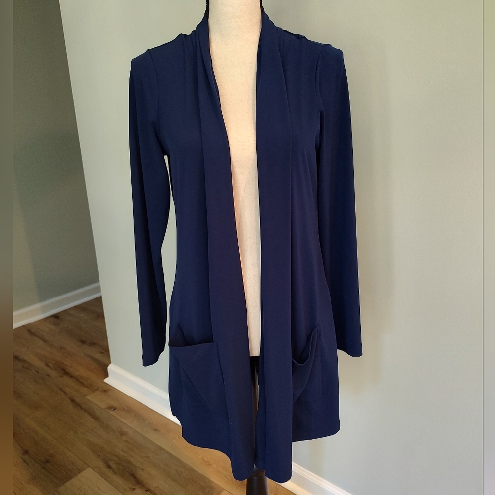 Susan Graver Navy Blue Stretch Open Cardigan Patch Pockets Small
